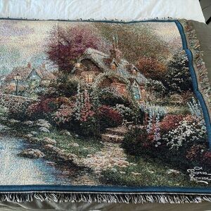 Thomas Kinkade Painter of Light Embroidered Tapestry Cottagecore Blanket 90s Art
